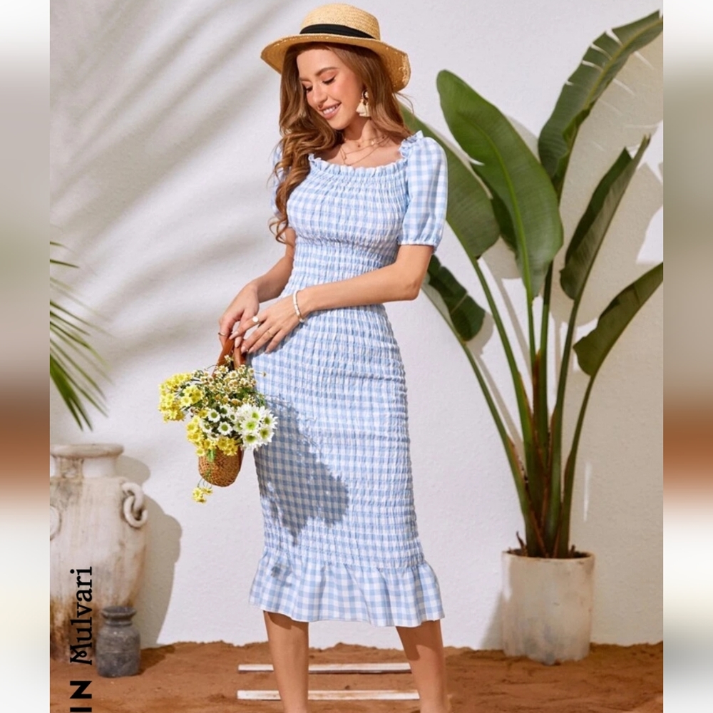 Gingham off the shoulder dress
